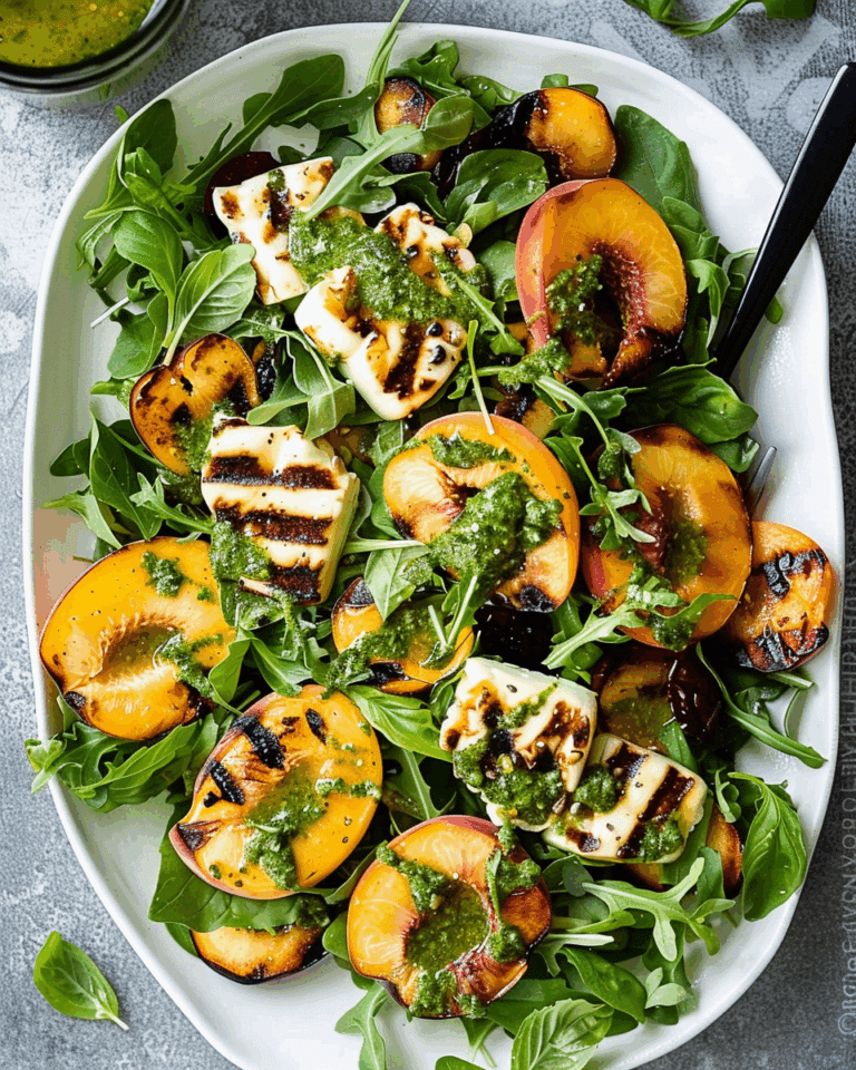 Grilled Peach and Halloumi Salad with Lemon-Pesto Dressing