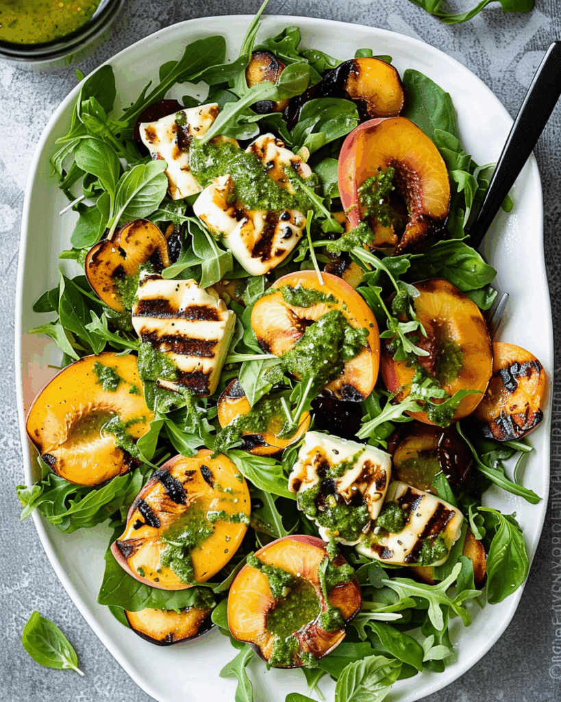 Grilled Peach and Halloumi Salad with Lemon-Pesto Dressing