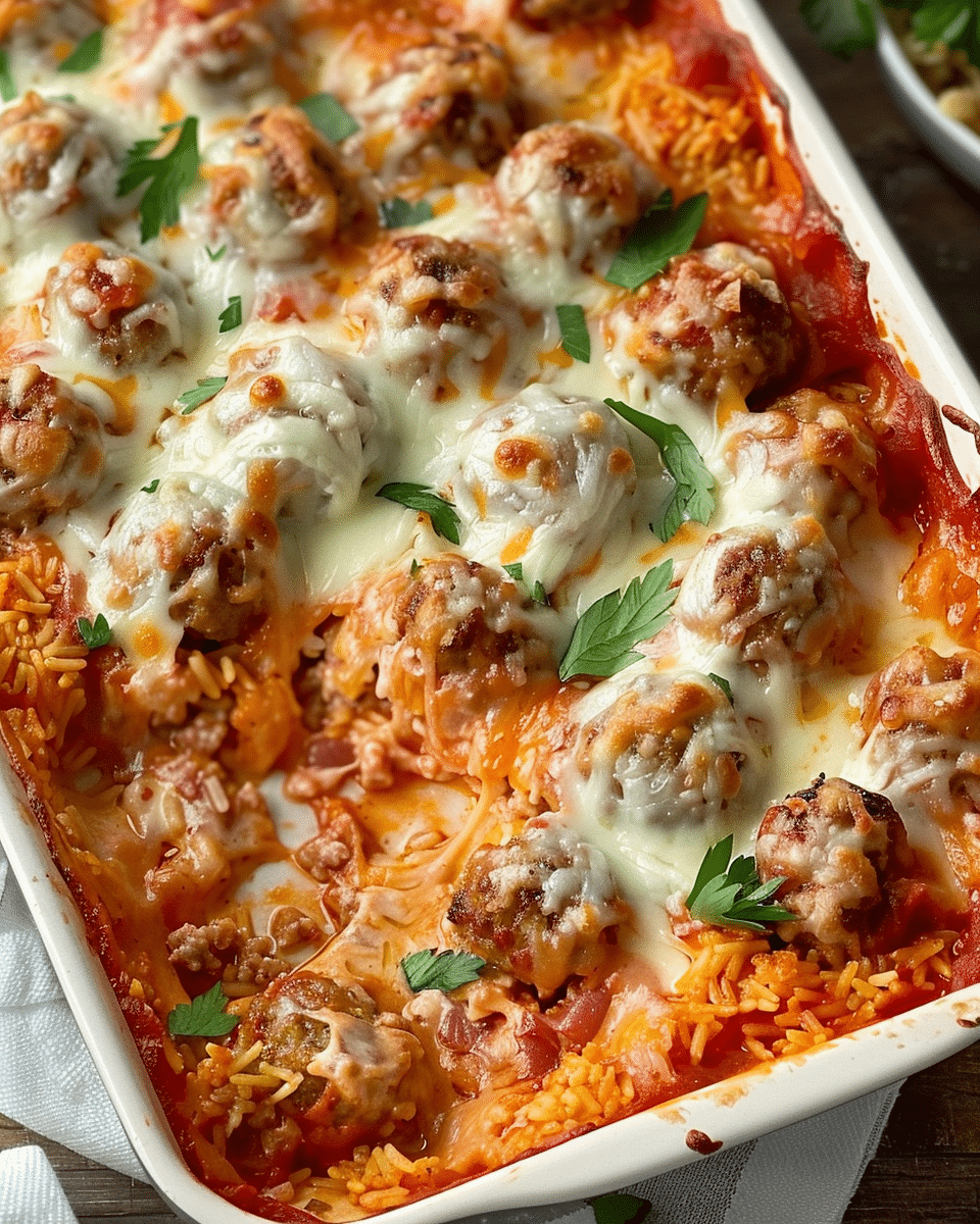 Dump & Bake Cheesy Meatball Rice Casserole