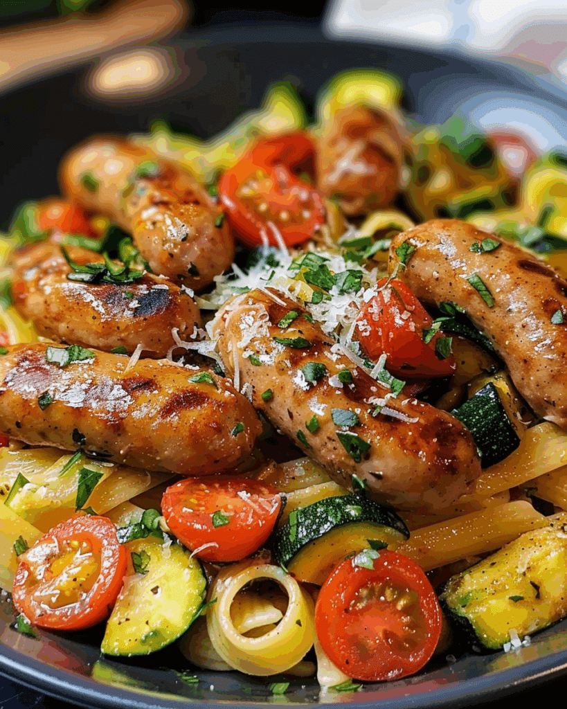 Chicken Sausages with Zucchini, Tomatoes, and Pasta