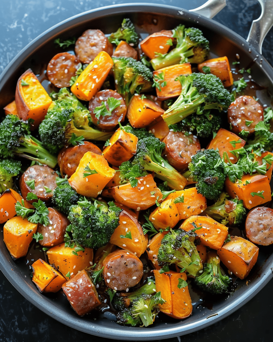 Sheet Pan Sausage and Sweet Potatoes with Honey Garlic Sauce