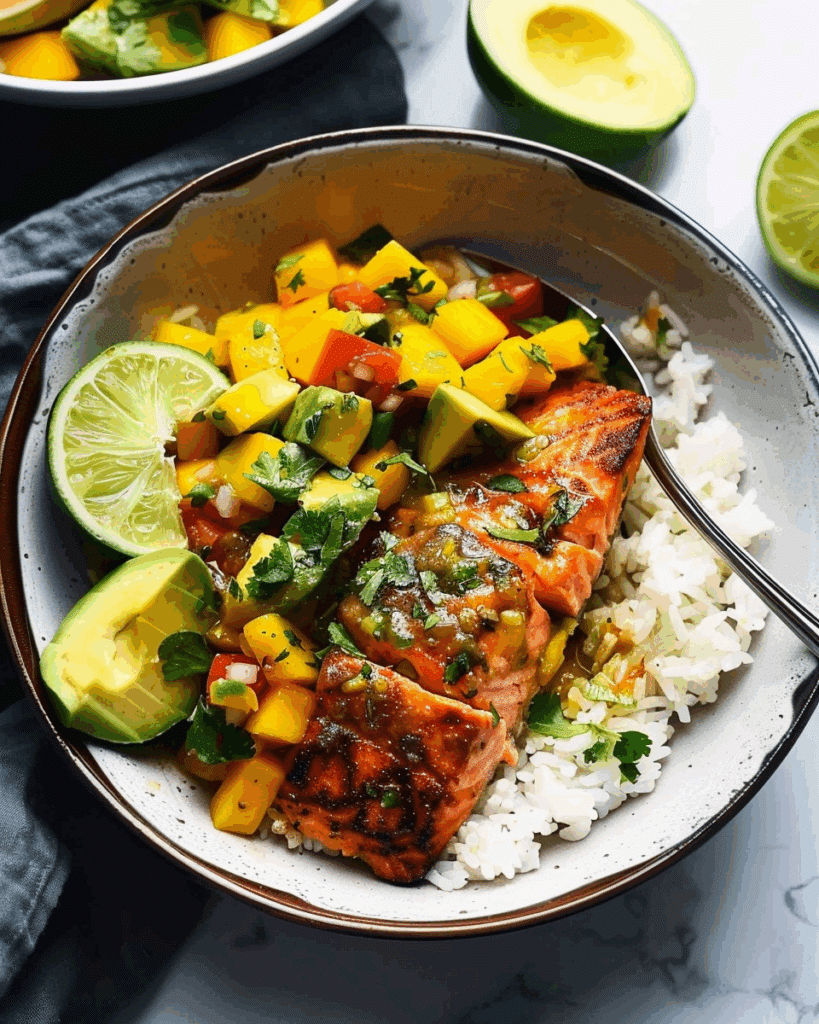 BBQ Salmon Bowls with Mango Avocado Salsa