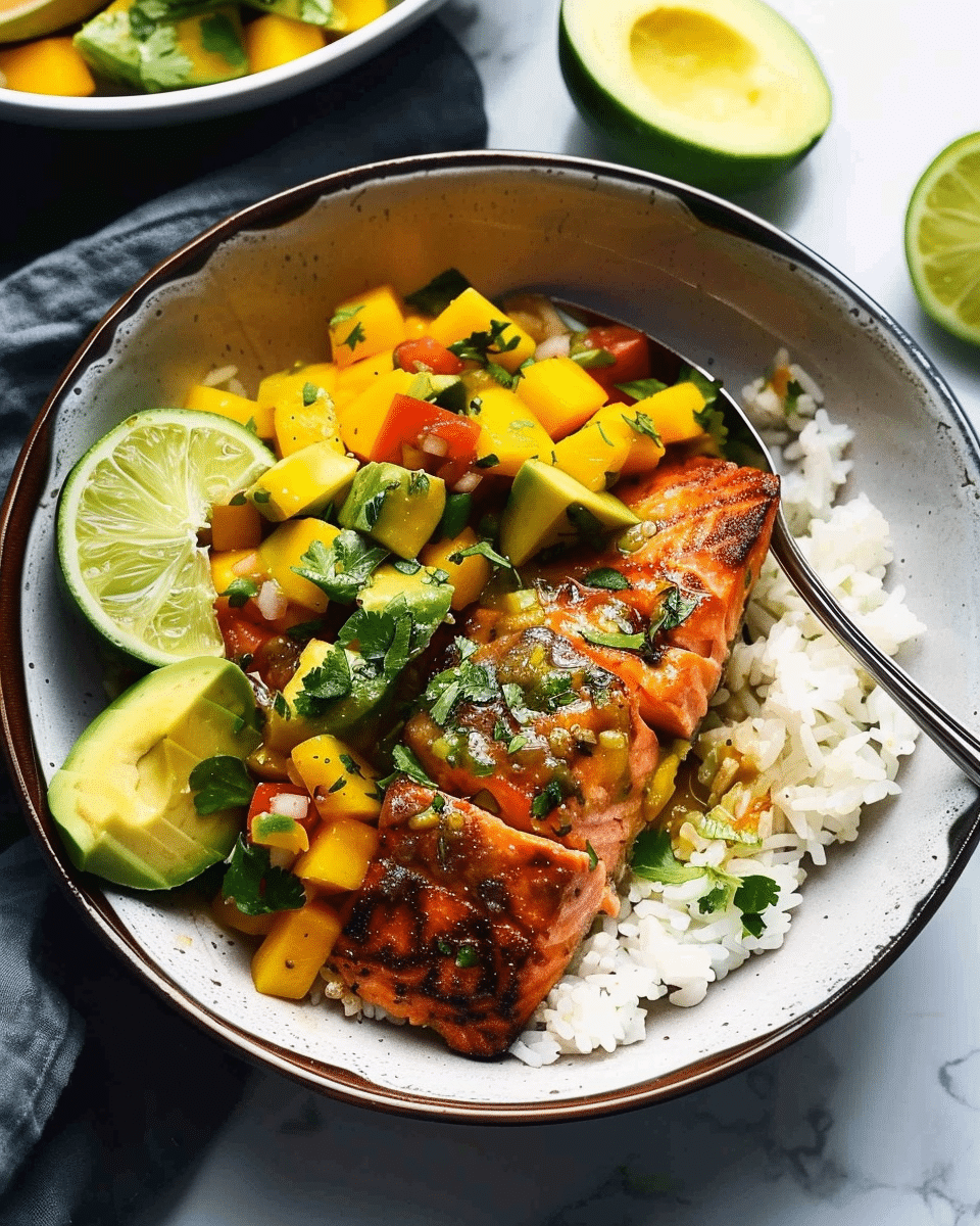 BBQ Salmon Bowls with Mango Avocado Salsa