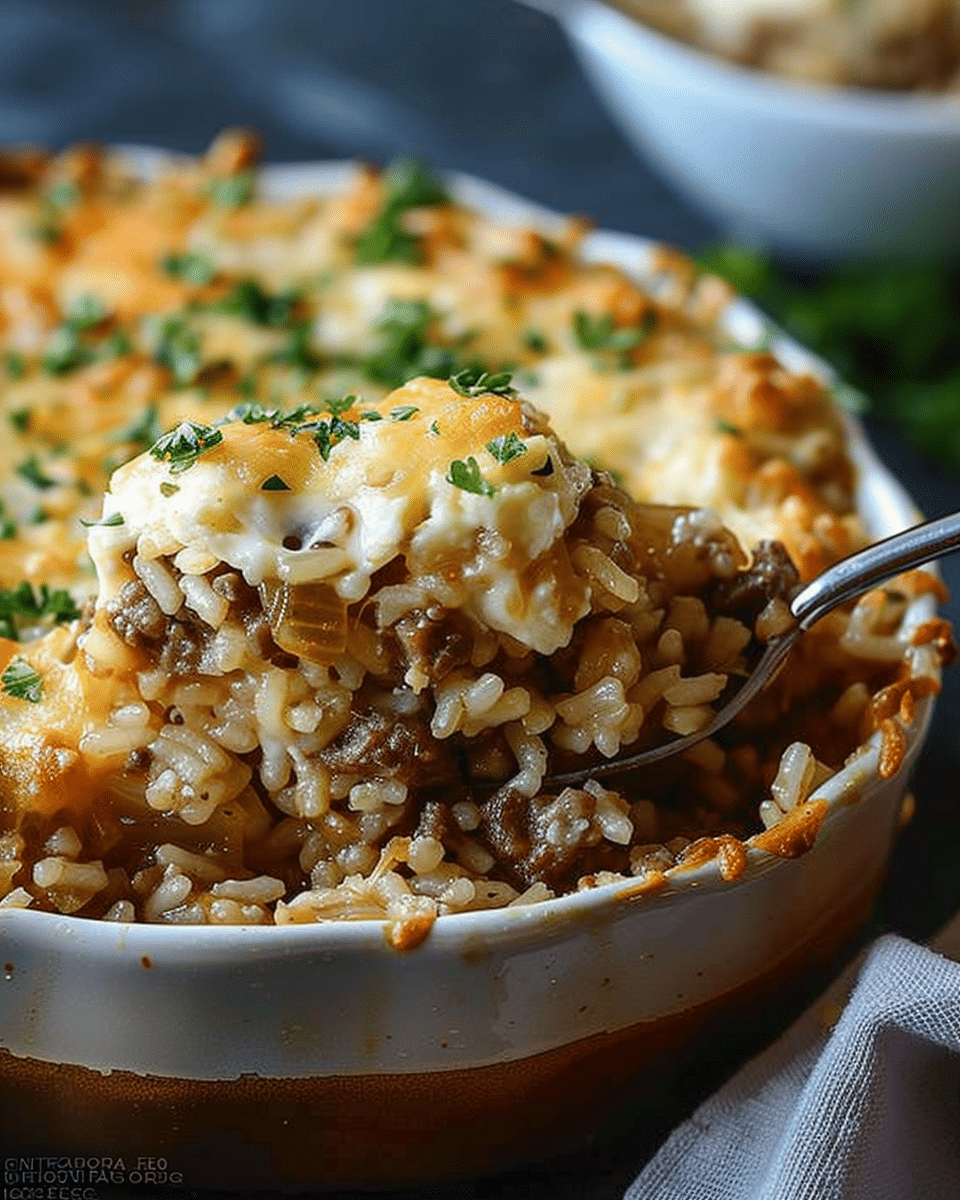 French Onion Ground Beef and Rice Casserole