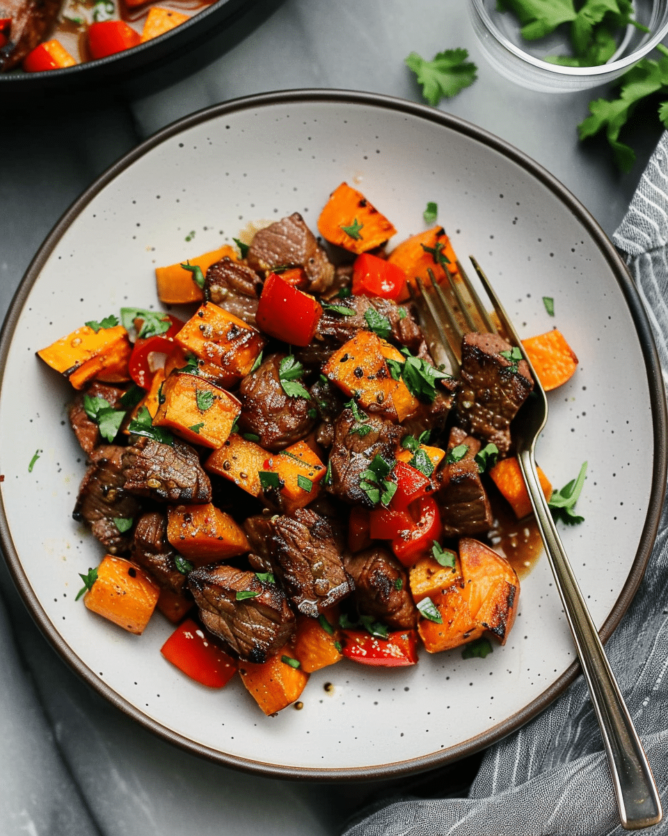 Whole30 Steak Bites with Sweet Potatoes and Peppers