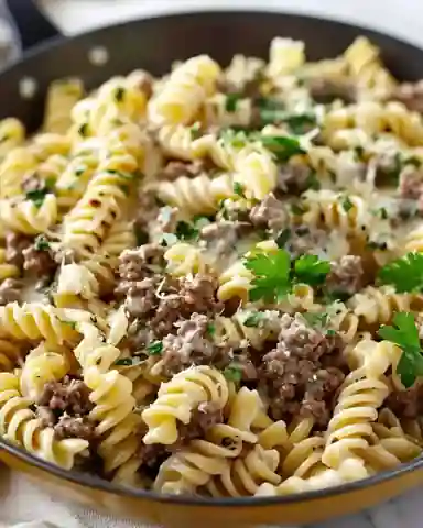 Beef and Rotini in Garlic Parmesan Sauce