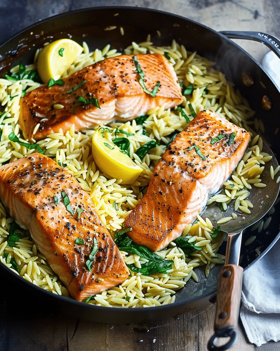One Skillet Salmon with Lemon Orzo