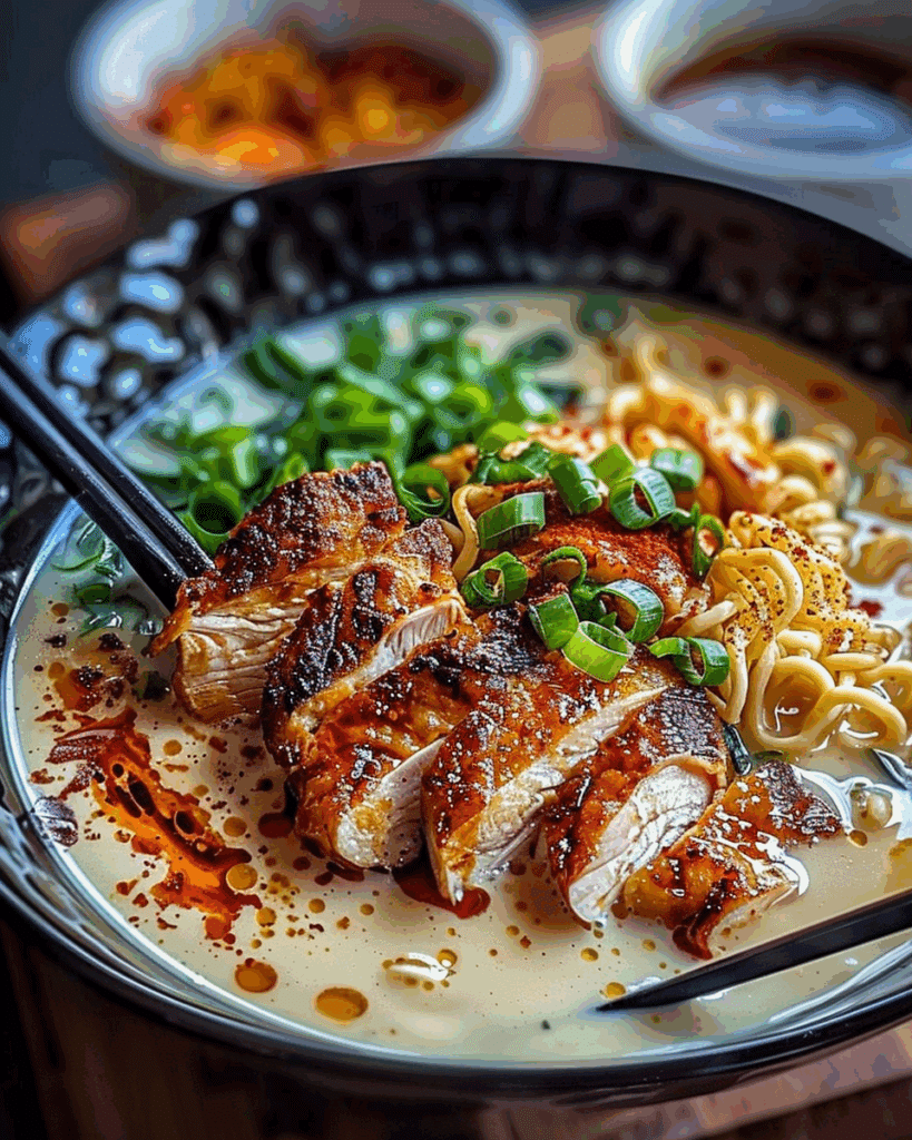 Fiery Chicken Ramen with Creamy Garlic Sauce