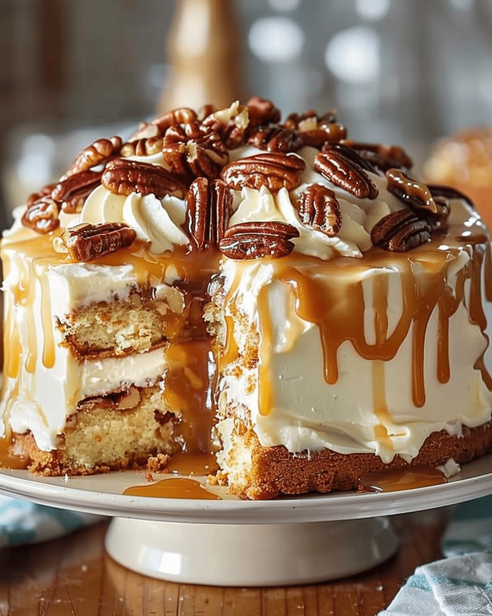 Caramel Butter Pecan Praline Poke Cake Recipe
