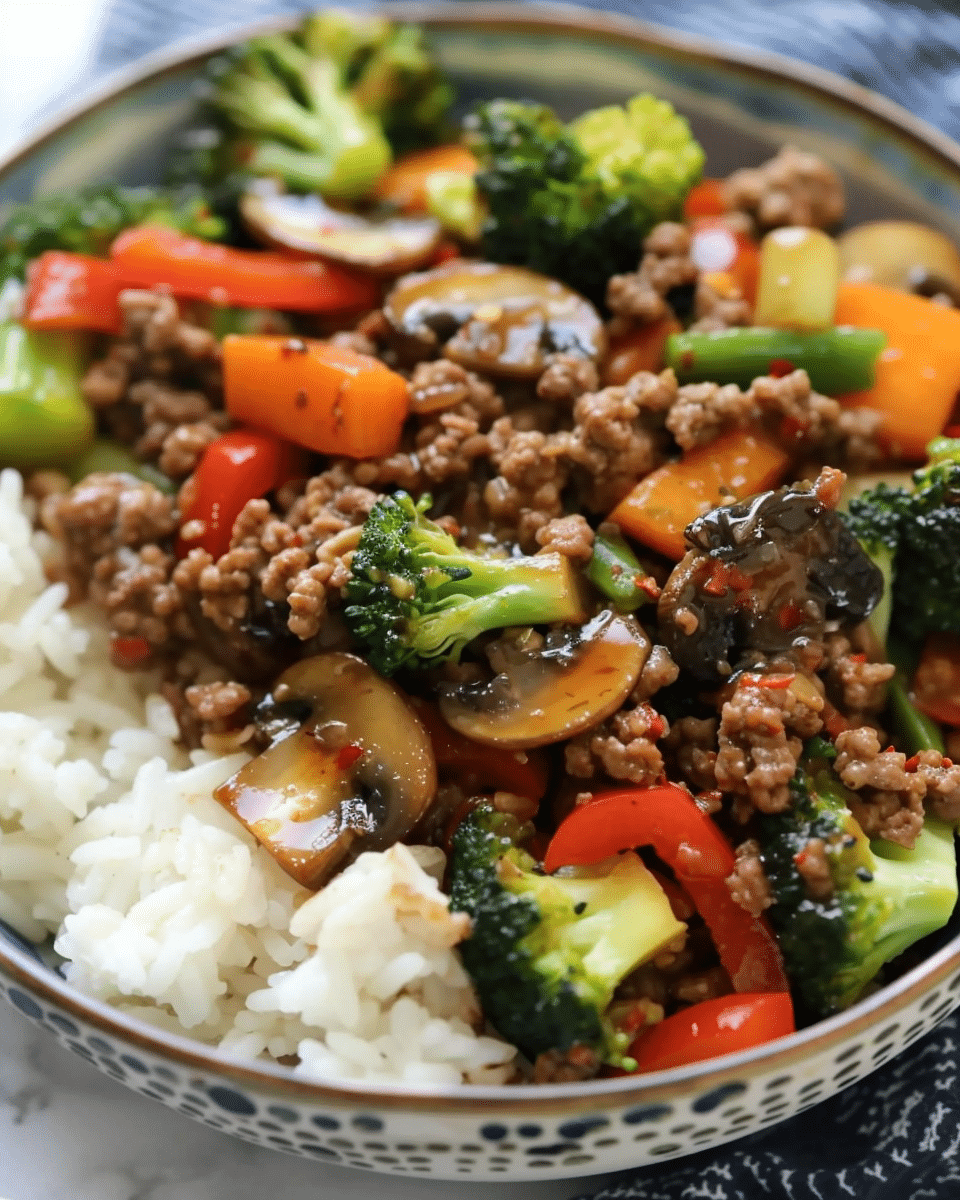 Spicy Ground Beef Stir-Fry Bowl with Garlic Veggies & Steamy Rice