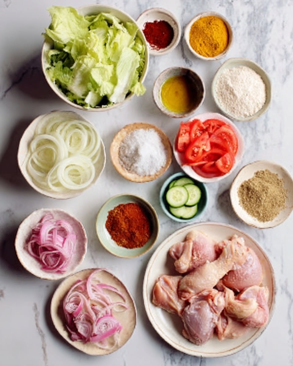The image shows a white plate with raw chicken pieces on the right side, surrounded by small white bowls and dishes holding various ingredients. There are white onion slices in a white bowl on the left, fresh green lettuce in another bowl, and small bowls containing white flour, white sugar, and yellow turmeric powder. There are also bright red tomato pieces, thin cucumber slices, pink pickled onions, and several spices in small bowls with red, brown, and orange powders. A white marbled surface serves as the background, and a woman's hand gently touches the edge of one of the bowls. Photo taken with an iphone --ar 4:5 --v 7