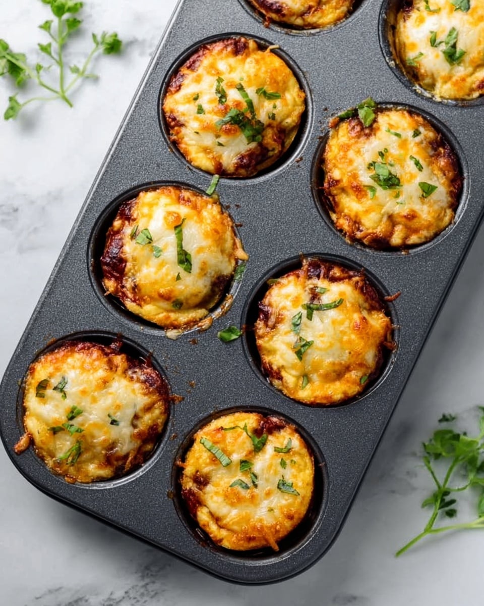 The image shows six golden brown mini muffin-shaped dishes in a dark gray muffin tray placed on a white marbled surface. Each mini dish has a top layer of melted cheese that is slightly browned and bubbly, with small pieces of green herbs sprinkled on top. The texture under the cheese looks crispy and rich, suggesting a thick filling inside the muffin cups. The muffin tray is positioned diagonally with a few green herb sprigs scattered on the white marbled surface around it. photo taken with an iphone --ar 4:5 --v 7