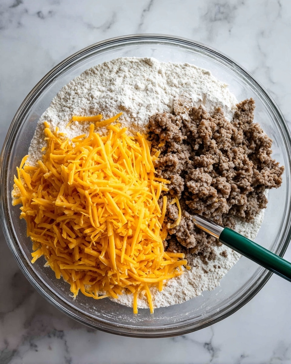 A clear glass bowl sits on a white marbled surface, filled with three distinct layers of ingredients. The bottom layer is a bed of white flour, fluffy and powdery. On the right side of the bowl, there is a pile of cooked ground meat, brown and crumbly, resting on the flour. On the left side, there is a large heap of bright orange shredded cheddar cheese, soft and slightly curly. A green silicone spatula with a metal handle is placed inside the bowl on the right edge, touching the flour and meat layers. photo taken with an iphone --ar 4:5 --v 7