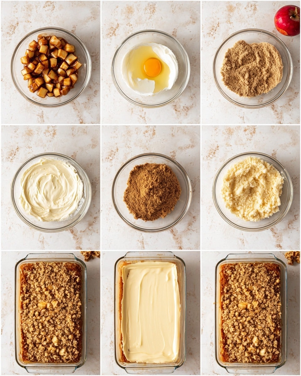 The image shows the process of making an apple cake in nine steps over a white marbled surface. The first layer is a clear glass bowl filled with small, brown cinnamon-coated apple cubes. The second layer is a white bowl with a brown crumb mix. The third layer shows a clear glass bowl with cream cheese, a cracked egg yolk, and vanilla extract. The fourth layer shows a clear rectangular glass baking dish spread with a smooth, creamy mixture. The fifth layer adds the cinnamon apple cubes on top of the cream layer in the baking dish. The sixth layer adds the brown crumb mixture evenly covering the apples in the baking dish. The seventh layer adds another smooth creamy layer of batter over the crumb layer. The eighth layer sprinkles the crumb mixture again on top of the cream layer inside the dish. The ninth layer shows the baked apple cake with a golden-brown crumb topping in the same glass baking dish, lined with parchment paper on the sides. Photo taken with an iphone --ar 4:5 --v 7