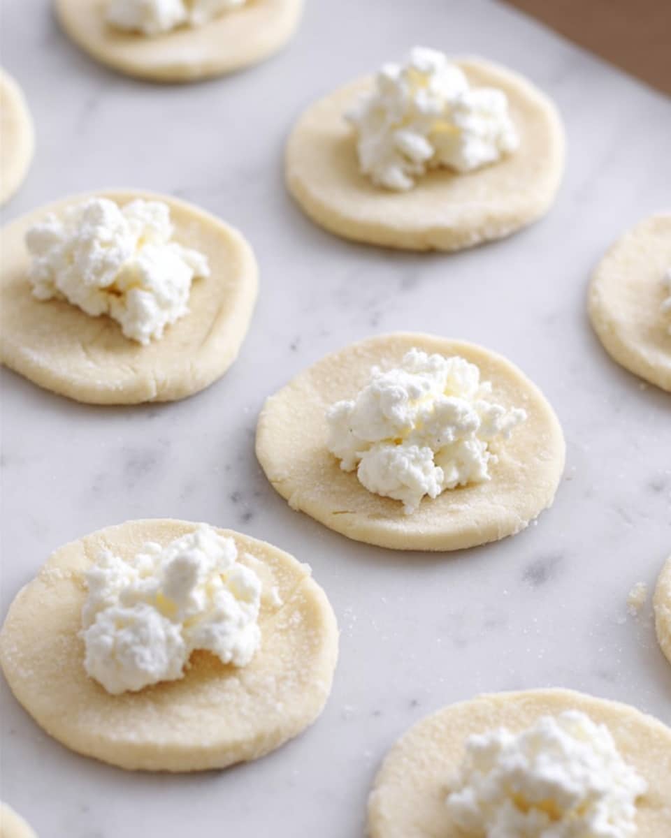 The image shows several small, round pieces of dough laid out on a white marbled surface. Each round dough layer is pale beige with a soft, slightly flour-coated texture. In the center of each dough circle, there is a small mound of white, crumbly cheese, roughly three to four dollops high, creating a soft textured layer on top of the dough. The cheese contrasts with the smooth dough beneath it. The arrangement is evenly spaced, and the scene gives a sense of preparation for a filled pastry. photo taken with an iphone --ar 4:5 --v 7