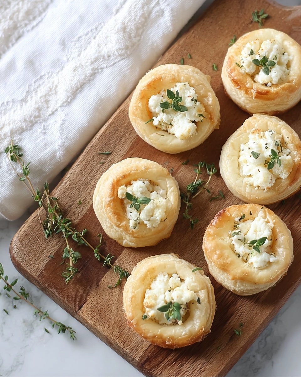 The image shows seven small round puff pastry bites arranged on a wooden board with a few sprigs of fresh thyme scattered around. Each pastry has a light golden, flaky crust and a small hollow center filled with a creamy white cheese topping that looks soft and slightly crumbly. A small green thyme leaf is placed on top of each cheese portion. A white linen cloth with subtle embroidery is partially visible on the upper left corner of the wooden board. The setting is bright and clean, with a white marbled texture surface underneath the wooden board. Photo taken with an iphone --ar 4:5 --v 7