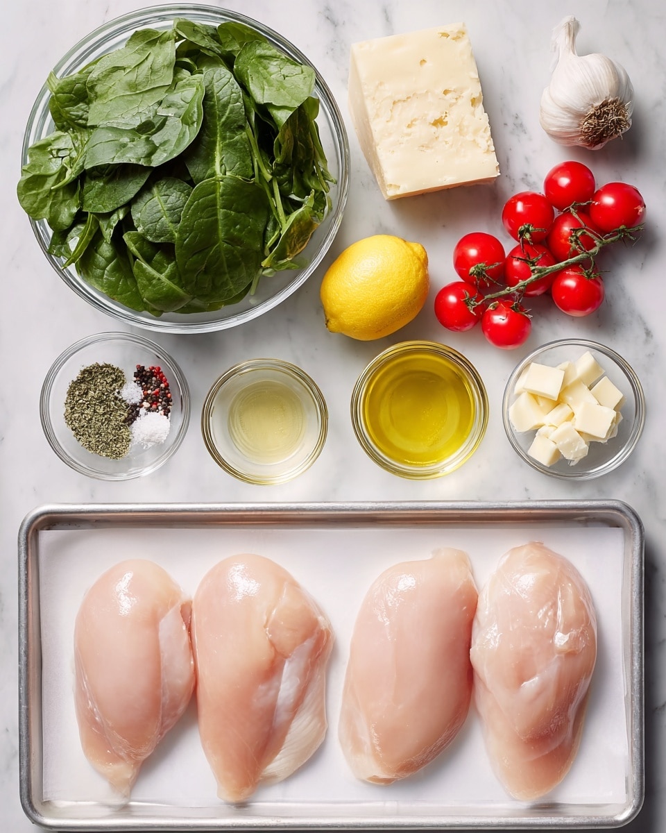 The image shows raw chicken breasts placed in a single layer on a metal tray lined with white parchment paper, with four pieces arranged side by side at the bottom of the image. Above the tray in a neat layout, there is a whole yellow lemon in the center, surrounded by small clear glass bowls holding light yellow butter, green dried herbs, coarse white salt, dark whole peppercorns, and light golden olive oil. To the top right side, there are two cloves of garlic and a block of pale yellow cheese with a slightly crumbly texture, next to a bunch of small, bright red cherry tomatoes still on the vine. Above the lemon and bowls, there is a large clear glass bowl filled with fresh, bright green spinach leaves. The whole setup is placed on a white marbled surface, creating a clean and fresh look. Photo taken with an iphone --ar 4:5 --v 7