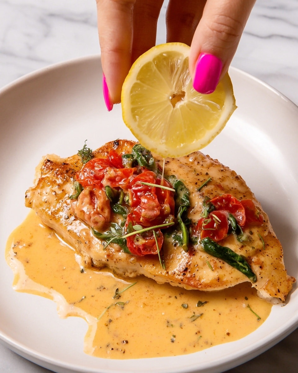 A single piece of cooked chicken with a light brown, seasoned surface is placed on a white plate with a small amount of creamy orange sauce spread under and around it. On top of the chicken are red tomato pieces and green leafy herbs, mixed with the sauce. A woman's hand with bright pink nail polish is squeezing a wedge of yellow lemon, positioned just above the chicken, adding a fresh touch. The background is a white marbled texture. photo taken with an iphone --ar 4:5 --v 7