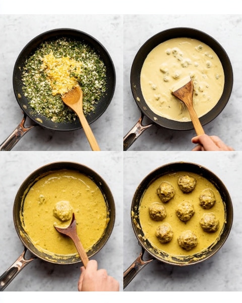 The image shows four black pans arranged in a 2x2 grid on a white marbled surface. The top left pan contains a mixture of finely chopped green herbs and yellow ingredients being stirred with a wooden spoon. The top right pan holds a creamy yellow sauce that is lightly stirred with a wooden spoon from a woman's hand. The bottom left pan has thick yellow sauce that covers the wooden spoon fully, showing a smooth texture. The bottom right pan contains the same yellow sauce with meatballs evenly placed inside, and a wooden spoon is lifting one meatball partially out of the sauce. photo taken with an iphone --ar 4:5 --v 7