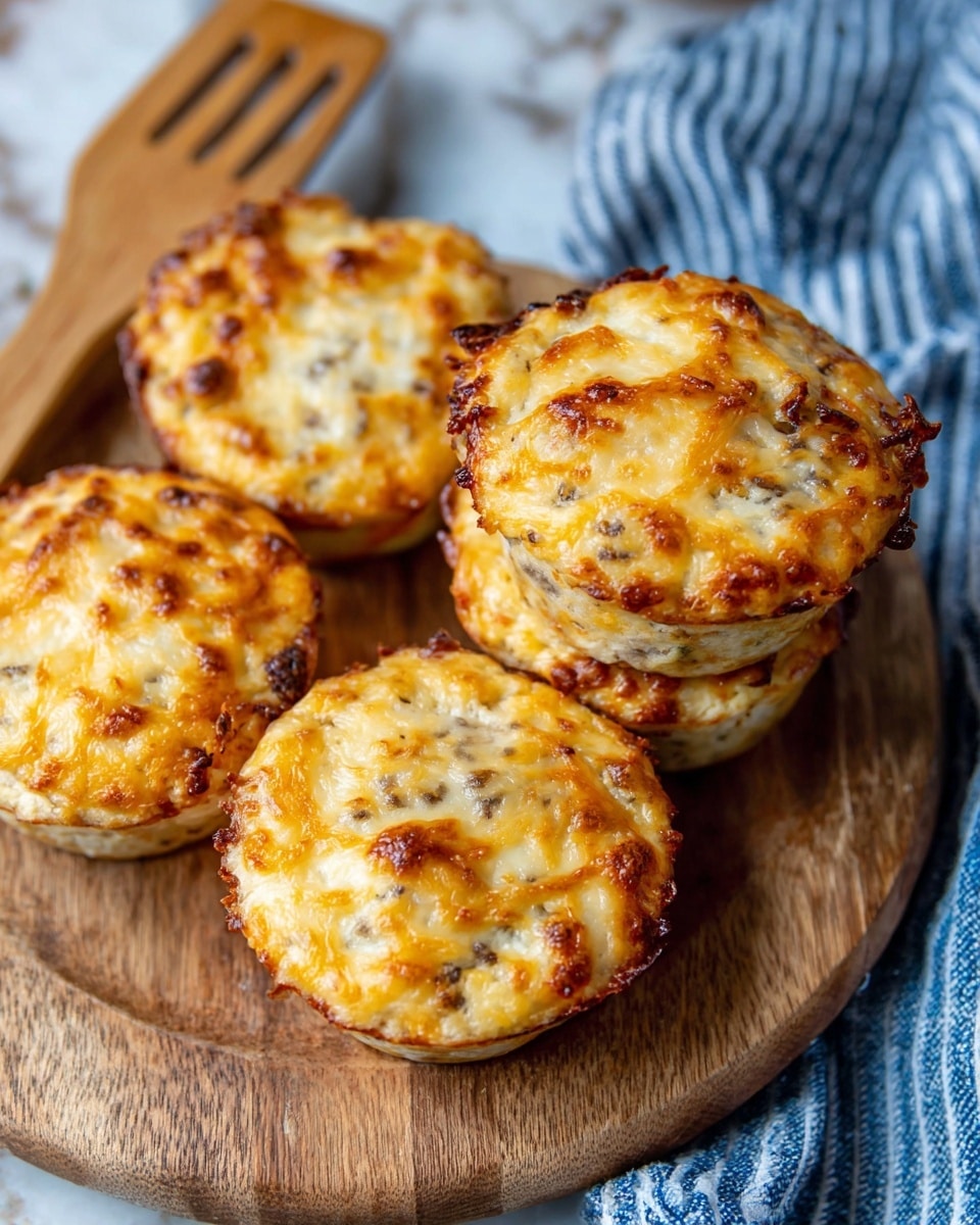 Four round muffins with a golden brown melted cheese layer on top, showing some darker toasted spots. The muffins have a light beige color mixed with specks of darker bits inside them. They are placed closely on a round wooden board with a wooden spatula beside them, and a blue and white striped cloth is partially visible underneath. The background is a white marbled texture. Photo taken with an iphone --ar 4:5 --v 7
