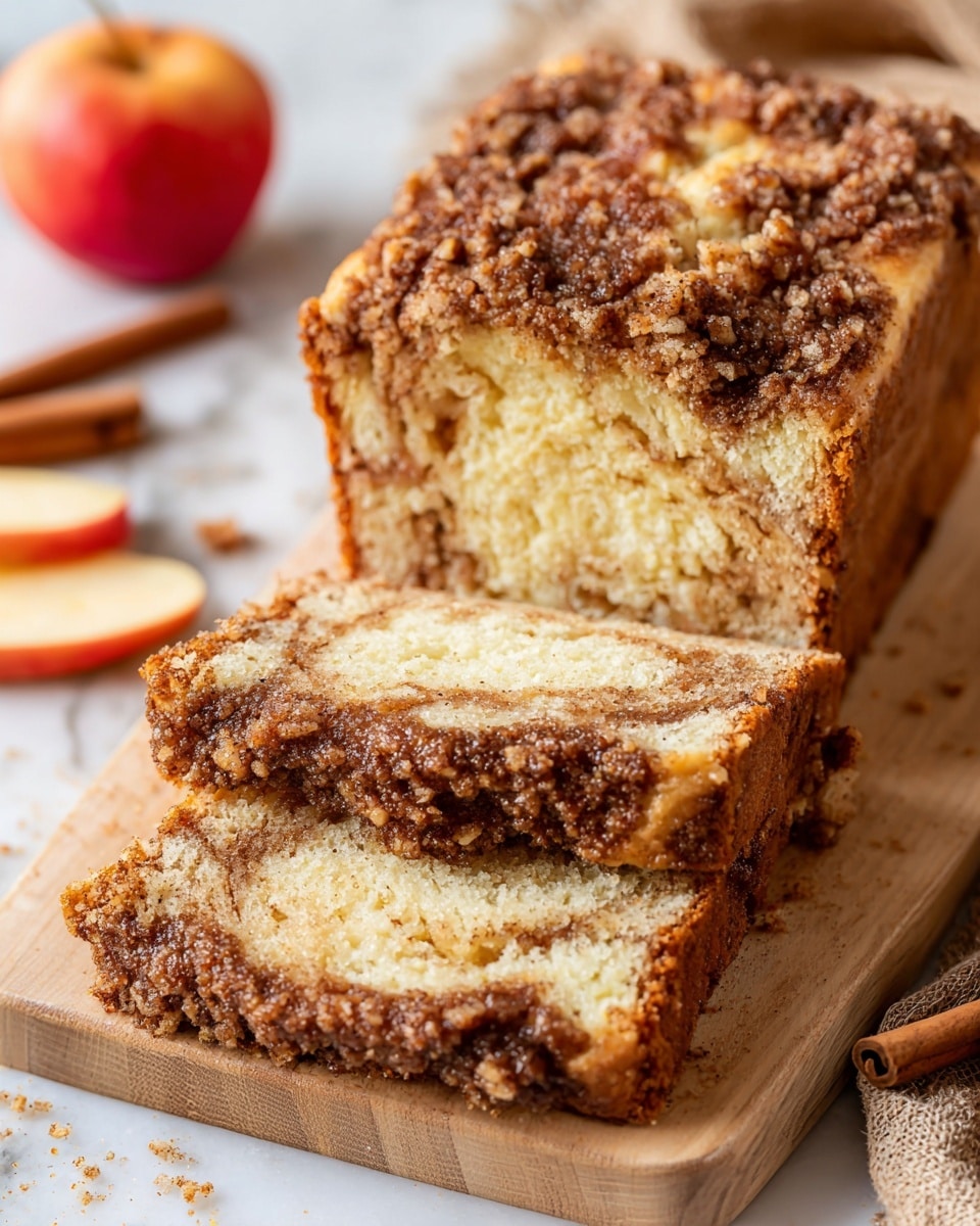 The image shows a loaf of bread sliced into three thick pieces, placed on a light brown wooden board on top of a white marbled surface. The bread has two main layers: the soft, light yellowish inside layer with a fluffy texture and a crumbly, dark brown topping layer with a mix of cinnamon and crushed nuts spread evenly on top and slightly inside, giving a rough and crunchy look. Around the bread are parts of red apple slices and cinnamon sticks, adding warm colors and a cozy feel to the scene. Photo taken with an iphone --ar 4:5 --v 7