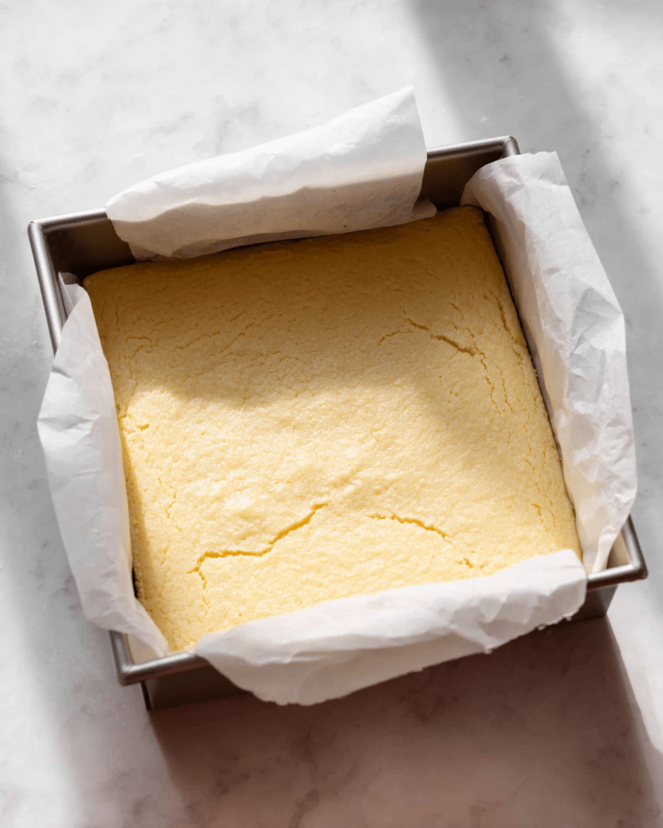 A square baking pan lined with white parchment paper holds a single thick layer of light yellow, soft cake with a smooth surface and a few small cracks in the middle. The sides of the cake gently rise to meet the edges of the pan. The pan sits on a white marbled surface with soft natural light casting gentle shadows across the scene. photo taken with an iphone --ar 4:5 --v 7