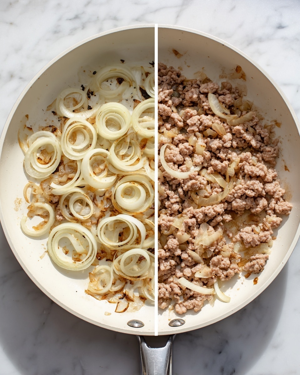 The images show a white frying pan on a white marbled surface with two cooking stages. In the first stage, there are light golden, thin onion rings slightly browned in some spots, sitting spread out across the pan's bottom. In the second stage, the pan is filled with cooked, small crumbles of light tan ground meat mixed with the softened, translucent, and slightly browned onion pieces. The textures are crumbly and tender, with a few caramelized bits visible among the meat and onions. photo taken with an iphone --ar 4:5 --v 7