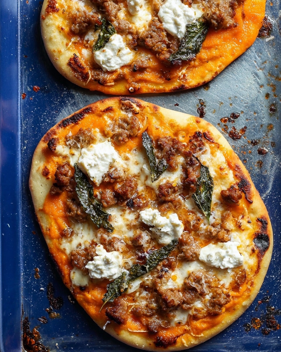 The image shows a close-up of two round pizzas on a blue baking tray. Each pizza has a golden-brown crust with slight charring around the edges. The base layer is a smooth, bright orange sauce spread evenly. On top of this are small pieces of browned cooked meat sprinkled all over, along with melted white cheese melted in patches. Dollops of soft white cheese are scattered on top, slightly melted, and some dark green crispy leaves are spread around for garnish. The baking tray has some scattered crumbs and a worn look. The photo was taken with an iphone --ar 4:5 --v 7