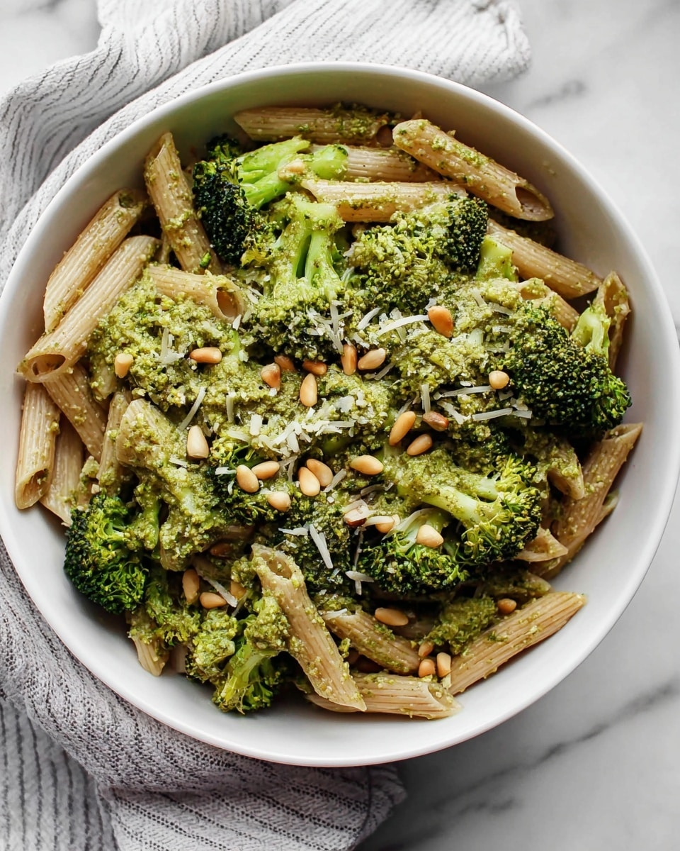 A white bowl filled with three main layers: the bottom layer is pale penne pasta, the middle layer shows bright green broccoli florets spread evenly, and the top layer is a green pesto sauce with a grainy texture coating the pasta and broccoli, sprinkled with small light brown pine nuts and some grated white cheese. The bowl is on a white marbled surface with a light gray and white striped cloth nearby. Photo taken with an iphone --ar 4:5 --v 7