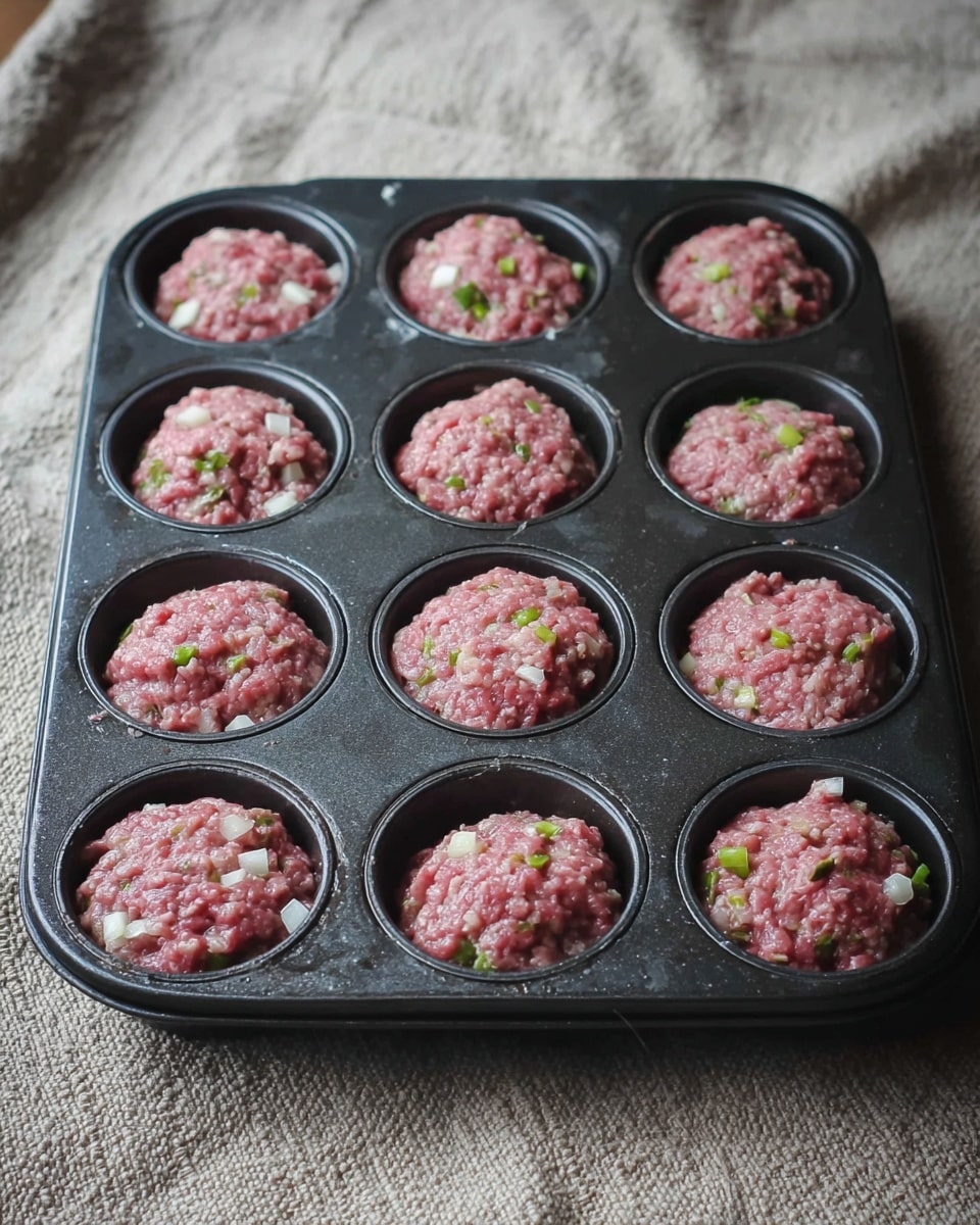 A black metal muffin tray with twelve round cups filled with raw ground meat mixture, each portion shaped to fill the cup without overflowing. The meat mixture is pink with visible pieces of white onion and small green bits scattered throughout, giving a speckled look. The tray sits on a beige cloth with a rough texture. photo taken with an iphone --ar 4:5 --v 7