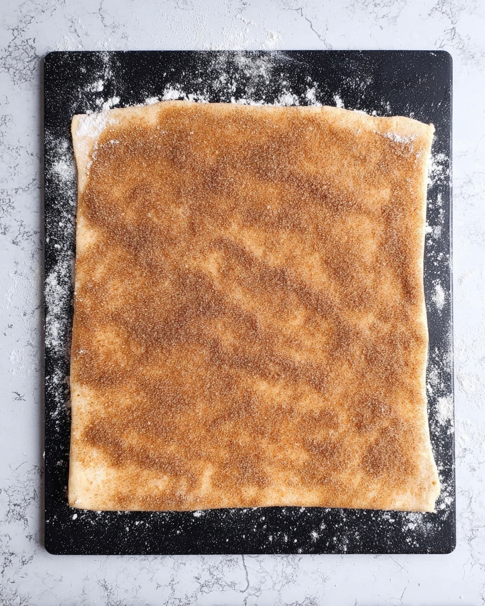 A rectangular piece of dough rolled out flat on a black cutting board, covered evenly with a light brown sugar and cinnamon mixture that gives a soft, slightly grainy texture across the surface. The dough is pale beige with soft edges, and the cinnamon sugar layer adds a warm, sandy color with some areas denser in coverage. White flour is scattered lightly around the dough on the board, creating a subtle contrast against the black. The background is a white marbled texture. photo taken with an iphone --ar 4:5 --v 7