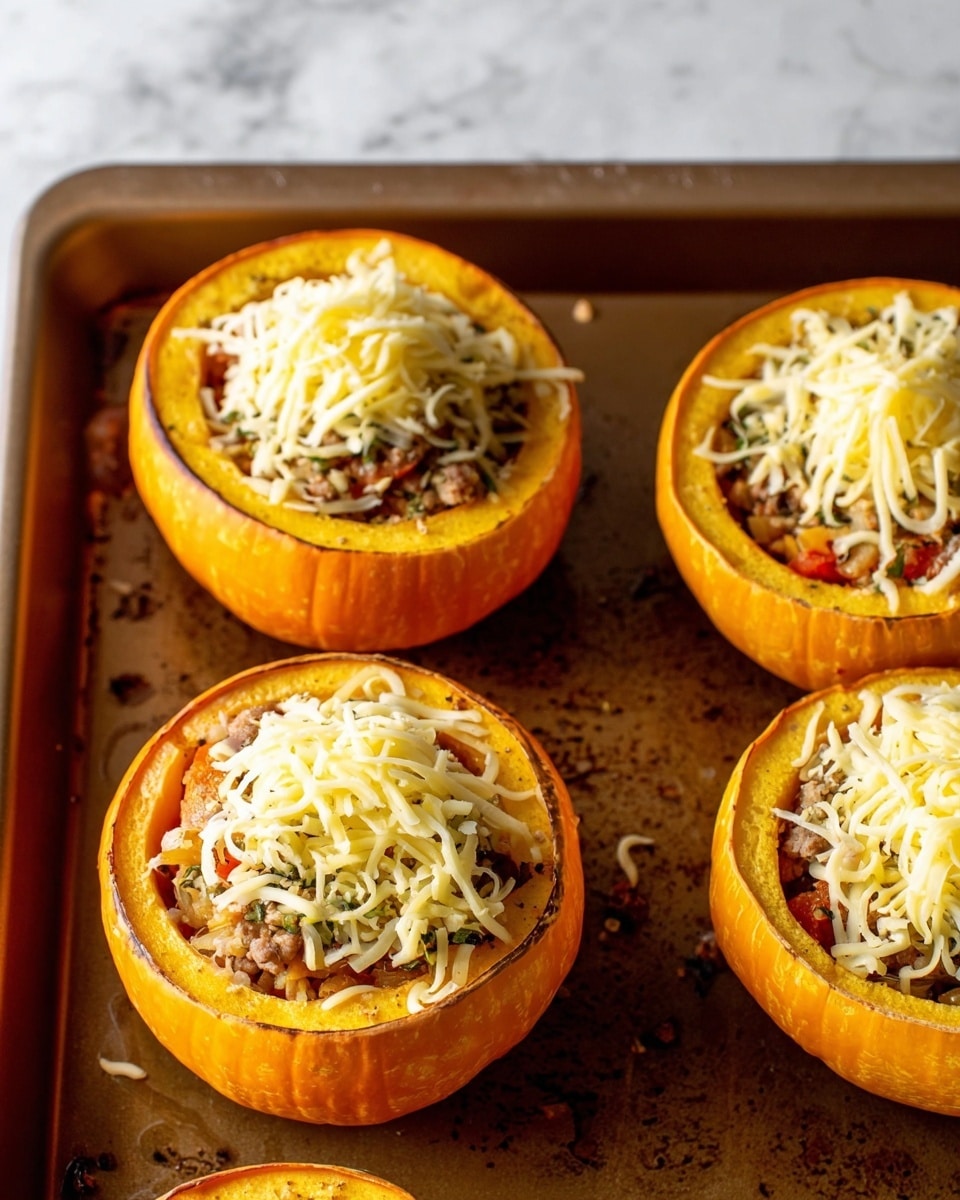 The image shows round orange squash with the tops removed, placed on a brown baking tray. Each squash is hollowed out and filled with a mix of small chopped vegetables and ground meat. On top of the filling, there is a layer of shredded light yellow cheese. The baking tray has some grease spots and small bits of food around the squash. The background has a white marbled texture. Photo taken with an iphone --ar 4:5 --v 7