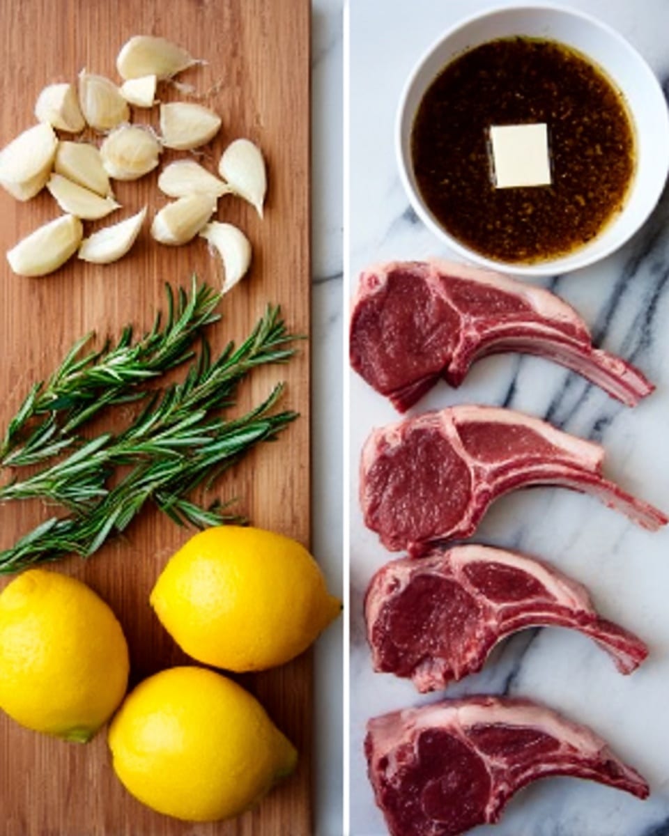 The image shows two side-by-side photos on a white marbled surface. The left photo displays five peeled garlic cloves, two whole bright yellow lemons, and a few green rosemary sprigs arranged neatly on a wooden cutting board. The right photo shows six raw lamb chops, each with deep red meat and white fat edges, placed in a line on the white marbled surface next to a white bowl filled with a dark brown marinade that has a white square piece floating in it. photo taken with an iphone --ar 4:5 --v 7