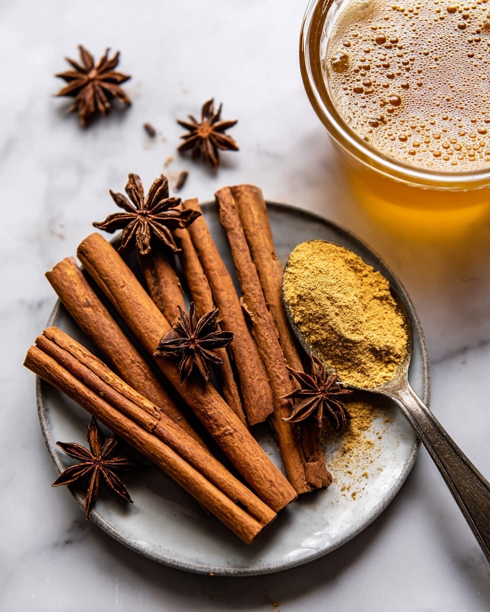 A white ceramic plate lies on a white marbled surface, holding eight brown cinnamon sticks arranged parallel and overlapping slightly, with three dark brown star anise pods placed on top, showing their eight-pointed star shape and textured surface. Next to the plate is a tarnished metal spoon filled with light yellow ground spice, some spilling slightly on the marbled surface. Part of a clear glass bowl with a golden-brown liquid and frothy bubbles on top is visible in the upper right corner. Photo taken with an iphone --ar 4:5 --v 7