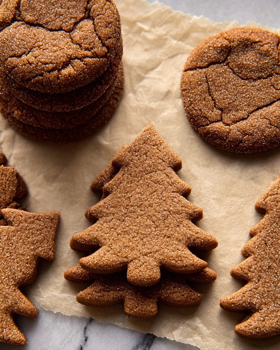 There are two types of cookies shown on a white marbled surface. On the left and top right, there are round brown cookies with a cracked texture and a grainy sugar coating. In the center, there is a stack of gingerbread Christmas tree-shaped cookies, smooth in texture and a darker brown color. The cookies are arranged directly on a parchment-like paper. Photo taken with an iphone --ar 4:5 --v 7