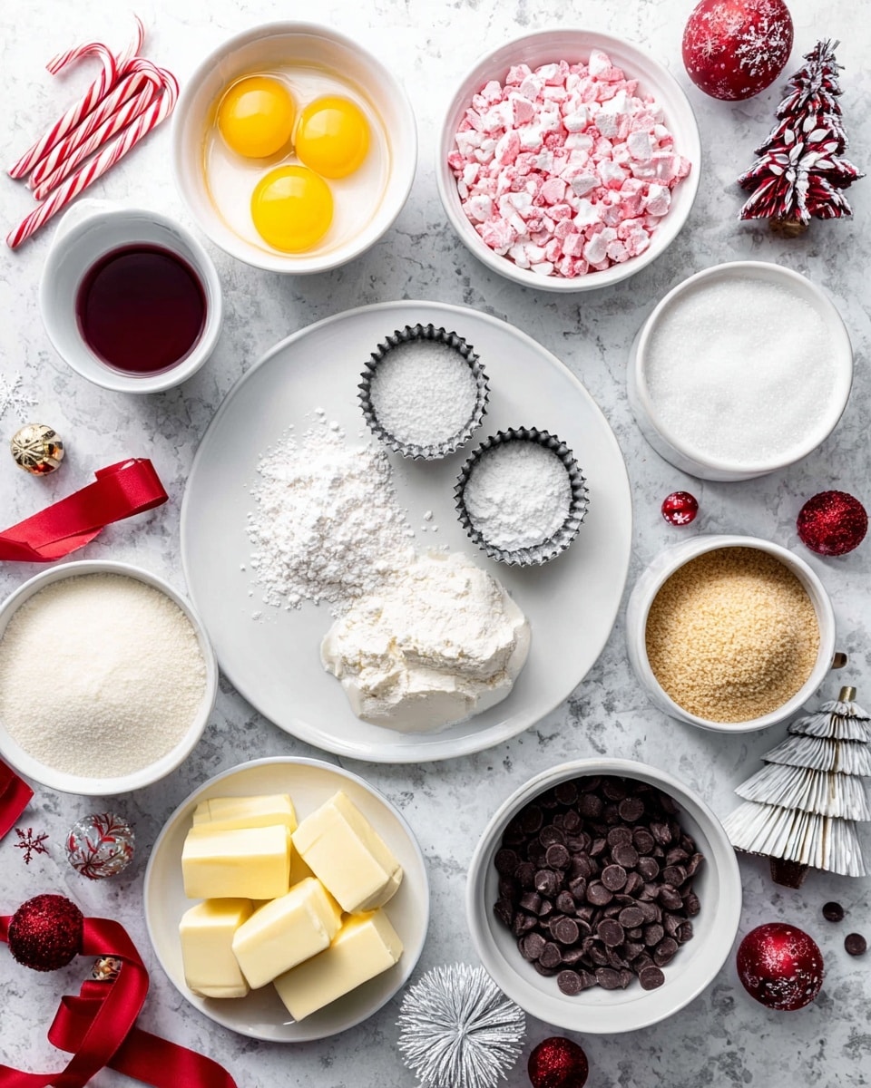 The image shows an overhead view of several white plates and bowls arranged on a white marbled surface with holiday decorations around. In the center, there is a large white plate with a small round bowl filled with white flour, two small fluted metal tart pans, and a small bowl containing a dark red liquid. To the top left, there is a white bowl with two bright yellow egg yolks and another bowl filled with crushed pink and white candy pieces. Below, a white plate holds three chunks of pale yellow butter. To the bottom left, a white bowl contains light brown sugar, and below the central plate, there are two stacked white bowls filled with white granulated sugar. To the right side, there is a white bowl with dark brown cocoa powder and another bowl filled with dark chocolate chips. Scattered around are red and silver Christmas ornaments, red ribbon, small candy canes, and white mini Christmas trees. Photo taken with an iphone --ar 4:5 --v 7