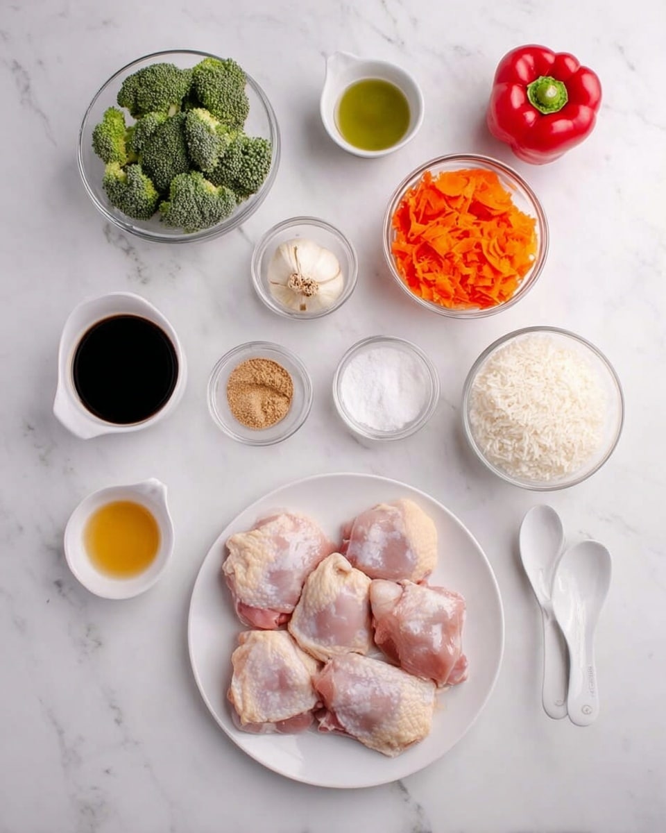 A top-down view of raw chicken thighs placed in a single layer on a white plate at the bottom center. Surrounding it are small bowls and containers arranged evenly on a white marbled surface with ingredients including bright green broccoli florets in a white bowl, shredded orange carrots in a clear glass bowl, a whole red bell pepper, a mix of brown and beige spices in a white bowl, white minced garlic, two white measuring spoons with white powders, a small pitcher of dark soy sauce, a small cup of green liquid, cooked white rice in a clear glass bowl, and a white divided dish holding golden honey and white liquid, all spaced neatly around. photo taken with an iphone --ar 4:5 --v 7