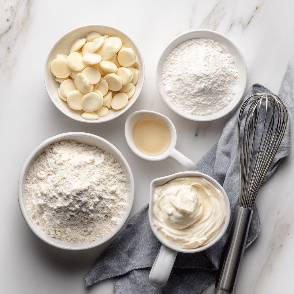 The image shows a white marbled surface with several small white bowls and a white measuring cup filled with ingredients for baking. There is one bowl filled with round pieces of dark chocolate, another bowl with cocoa powder that is reddish-brown and fine in texture, and a bowl with white flour that looks soft and powdery. A small amount of dark liquid vanilla extract sits in a small white cup. Next to the bowls is a white measuring cup full of thick white cream. A whisk and a gray cloth are placed to the right on the surface. photo taken with an iphone --ar 4:5 --v 7