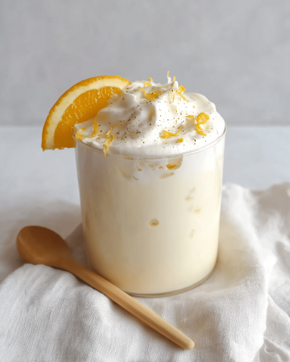 A top-down view of a white cup filled with a creamy light brown drink, topped with a thick layer of white whipped cream. On the whipped cream, there is a half slice of bright orange with a juicy texture placed on one side. Small dark brown chocolate shavings are sprinkled over the whipped cream layer. Surrounding the cup on a white marbled surface are several thin orange slices and scattered chocolate shavings, adding color and texture to the image. Photo taken with an iphone --ar 4:5 --v 7