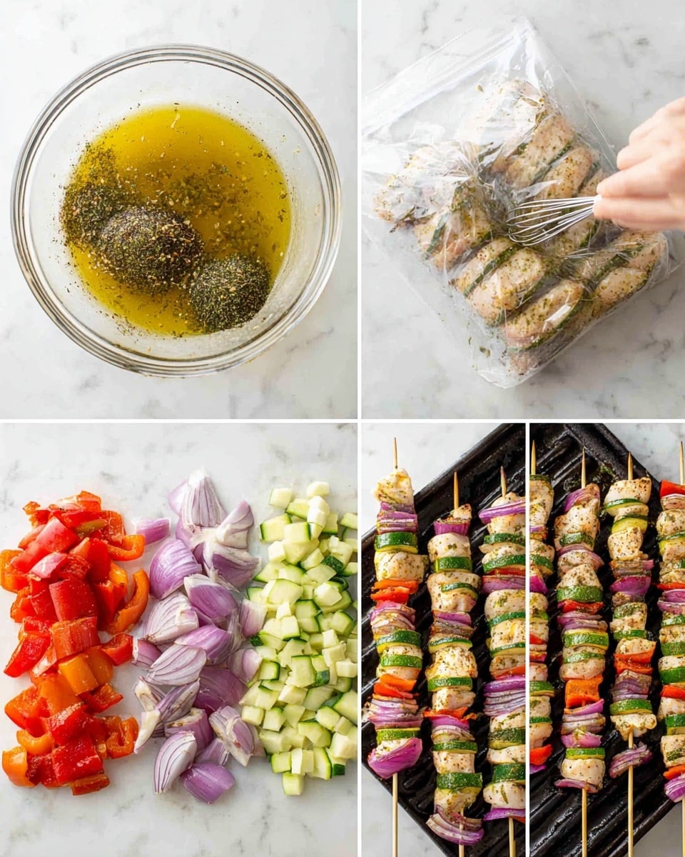 The image shows a series of six pictures of making chicken vegetable skewers. The first two pictures show a clear glass bowl with three layers: the bottom layer is a golden yellow liquid with minced garlic, the middle layer has black and green dried herbs and spices, and the top layer has an unblended mix of liquids and herbs, stirred with a silver whisk. The third picture shows a white marbled surface with a clear plastic bag filled with small cubes of raw chicken in a green herb marinade. The fourth picture shows chopped vegetables laid out on a white marbled surface in three layers from left to right: bright green zucchini slices, bright red bell pepper pieces, and purple onion chunks, with a woman’s hand pouring olive oil over the vegetables. The fifth picture shows a white surface holding wooden skewers laid on a black baking tray; each skewer has layers of raw chicken pieces in off-white with green herbs, red pepper pieces, green zucchini slices, and purple onion pieces arranged alternately, with a woman’s hand threading the ingredients. The sixth image shows several cooked skewers on a grill, with golden and slightly charred chicken cubes and vibrant red, green, and purple vegetables. The whole series is shown on a white marbled textured surface, photo taken with an iphone --ar 4:5 --v 7