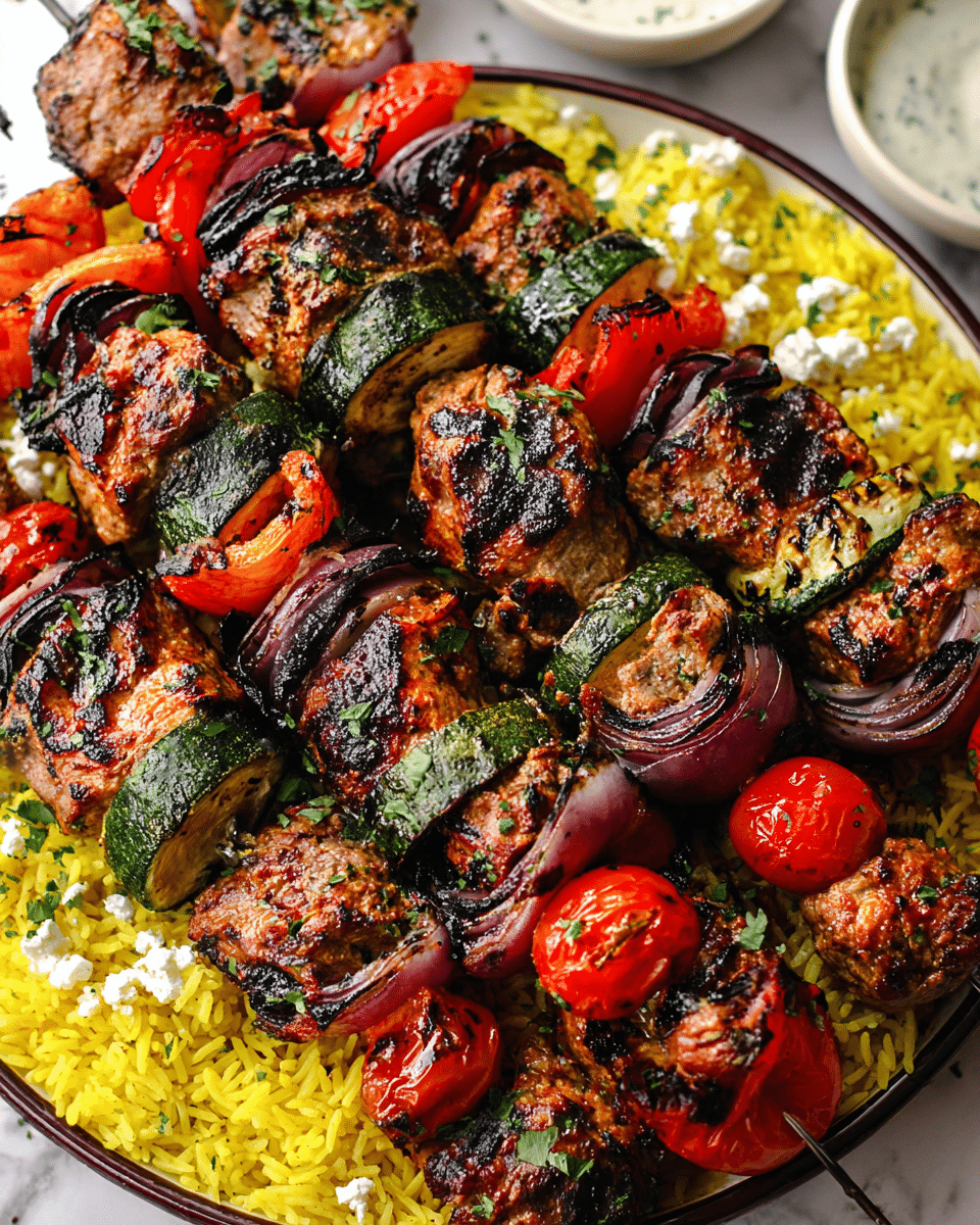 The image shows several metal skewers filled with grilled chunks of orange-brown meat with charred edges, green zucchini slices, red bell pepper pieces, whole cherry tomatoes, and slices of dark purple-red onion. The skewers are placed on a bed of bright yellow rice with some white crumbles sprinkled on top, likely cheese. There are small bits of green herbs scattered across the food. The dish is served in a white dish with a thin dark rim, which sits on a white marbled surface. On the side, parts of two white bowls with sauces or dips can be seen. Photo taken with an iphone --ar 4:5 --v 7