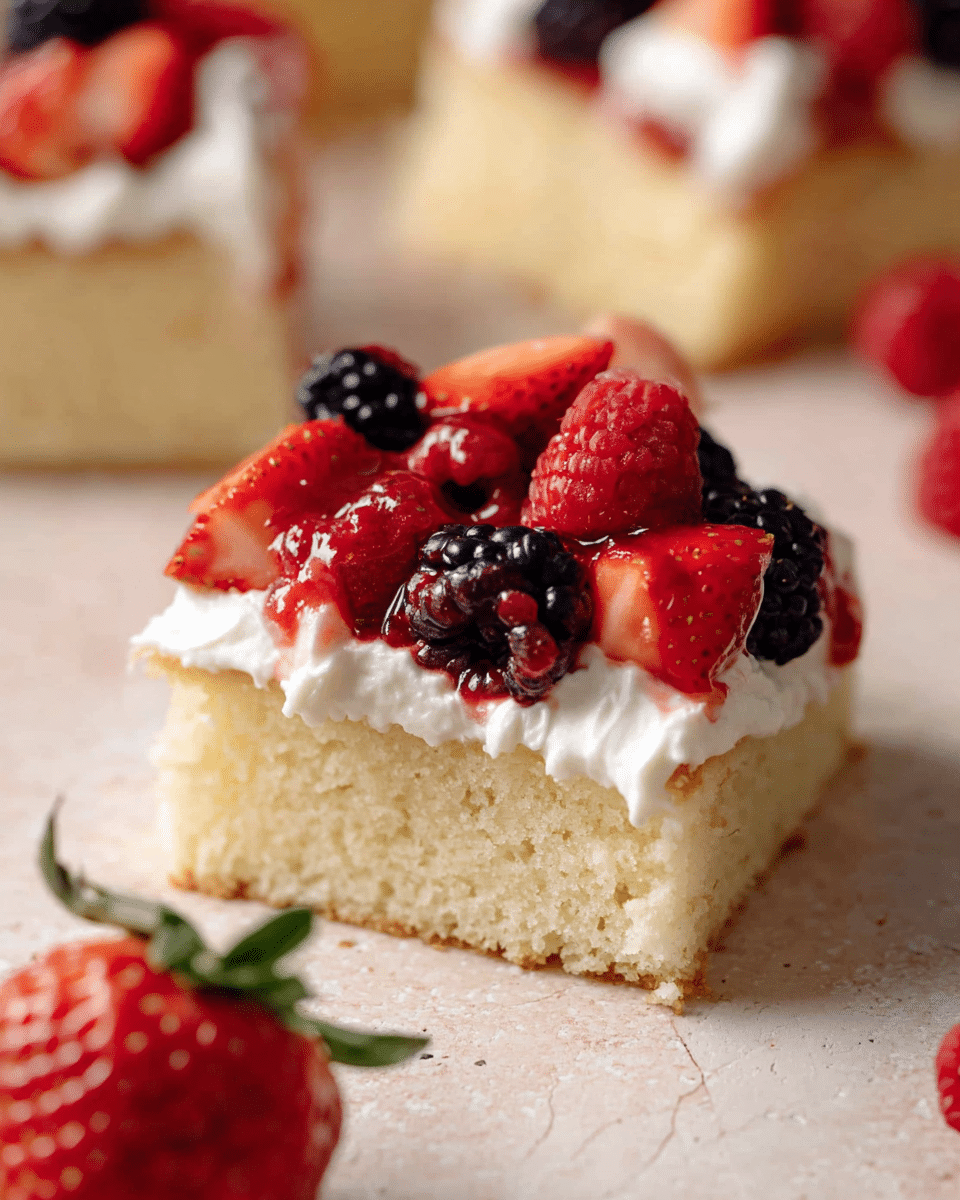 A slice of pale yellow, soft sponge cake forms the base layer, topped with a thick, creamy white layer of frosting. On top of the frosting, there is a mix of fresh red strawberries, red raspberries, and dark purple blackberries, scattered unevenly. The cake slice is set on a light beige surface with subtle texture, and in the background, more pieces of the cake with the same layers and berry topping can be seen. photo taken with an iphone --ar 4:5 --v 7