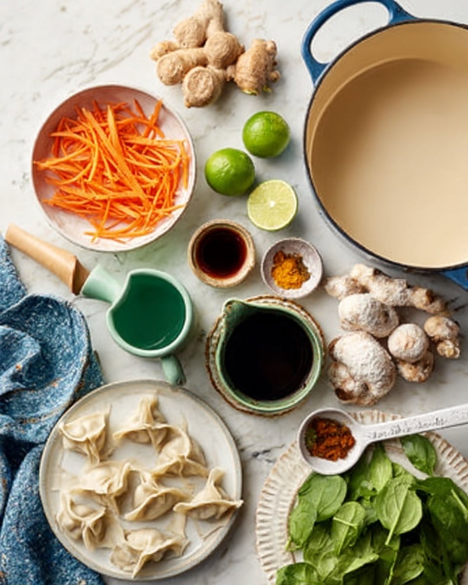 The image shows a white marbled surface with various cooking ingredients neatly arranged. On the left, a white bowl holds thin orange carrot strips alongside a piece of fresh ginger. Nearby, a few mushrooms and two green limes are placed. In the middle, a small green cup and ceramic measuring spoons filled with sauces and spices sit next to a small jar of liquid, possibly broth. On the right, spinach leaves rest on a white plate next to some uncooked dumplings dusted with flour. A blue kitchen cloth and a large white pot with a blue handle are visible near the top of the image. Photo taken with an iphone --ar 4:5 --v 7