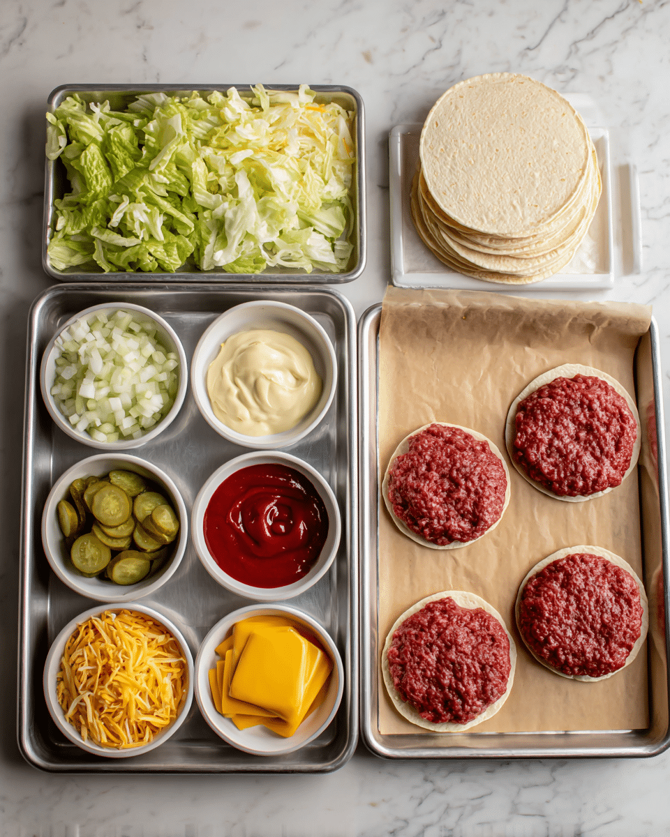 The image shows two baking trays on a white marbled surface. The left tray has several small white bowls with different ingredients: shredded pale green lettuce, chopped white onions, sliced light green pickles, yellow mustard, creamy white mayonnaise, and red ketchup. Alongside these bowls, there are a few yellow cheese slices and a stack of light tan tortillas. The right tray has four small, round raw beef patties placed on brown parchment paper. The colors include light greens, yellows, reds, and pale tan, all set on the metal trays. Photo taken with an iphone --ar 4:5 --v 7