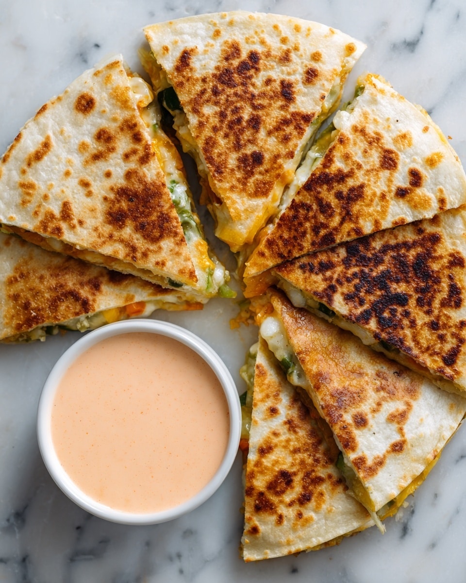 A round quesadilla is shown sliced into six pieces on a white marbled surface. The quesadilla's outer layer is golden brown with toasted spots, showing a crispy texture. Inside, there is a visible layer of melted cheese mixed with small pieces of cooked vegetables, giving a slightly green and yellow color inside the folded tortilla. Next to the quesadilla, there is a small white bowl filled with a creamy pink-orange sauce. Photo taken with an iphone --ar 4:5 --v 7