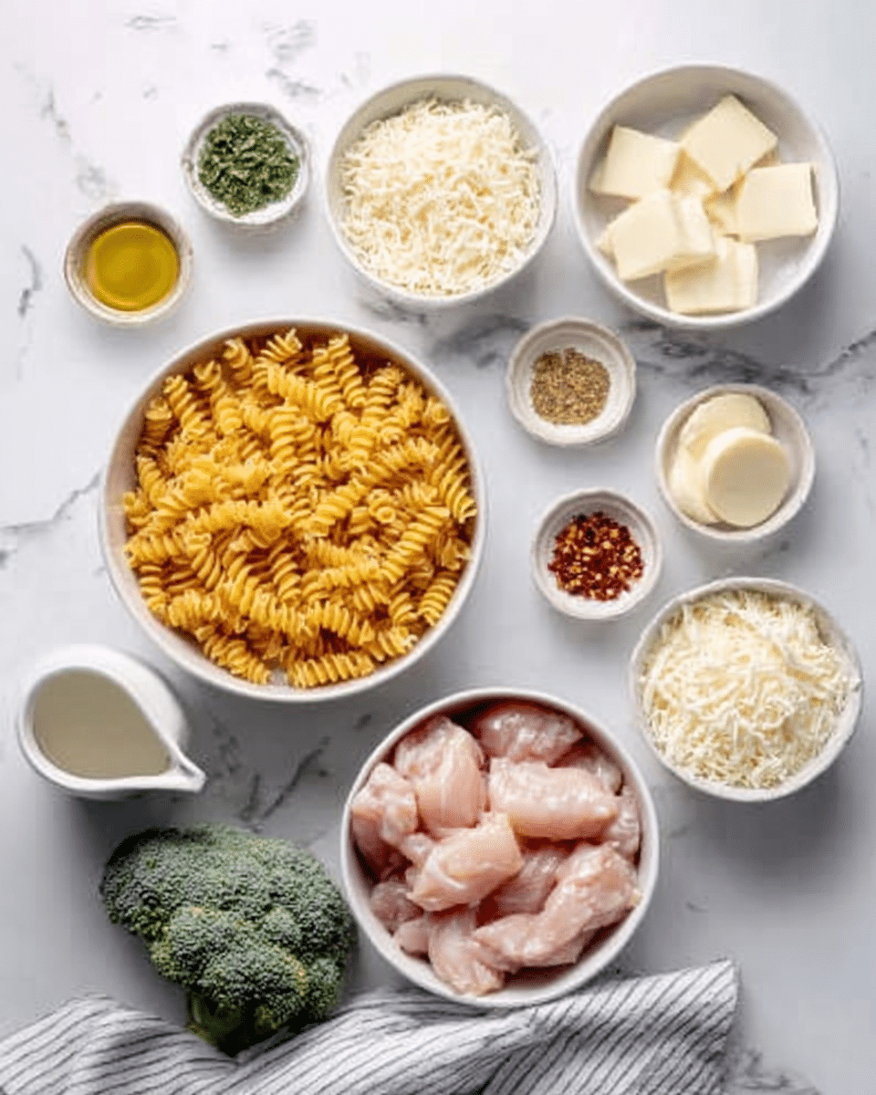The image shows several white bowls arranged on a white marbled surface, each filled with different ingredients for cooking. In the center is a white bowl full of uncooked yellow spiral pasta. Below it, a white bowl holds pieces of raw pink chicken. To the right, there is a white bowl full of grated white cheese, and above it, two bowls contain round white cheese slices and a yellowish powder, possibly cheese or seasoning. To the left, small bowls hold green herbs, olive oil, and red chili flakes. A small white pitcher with white sauce is at the bottom left corner, and a broccoli head sits near the bottom right. A white and gray striped cloth is partially visible at the bottom. Photo taken with an iphone --ar 4:5 --v 7