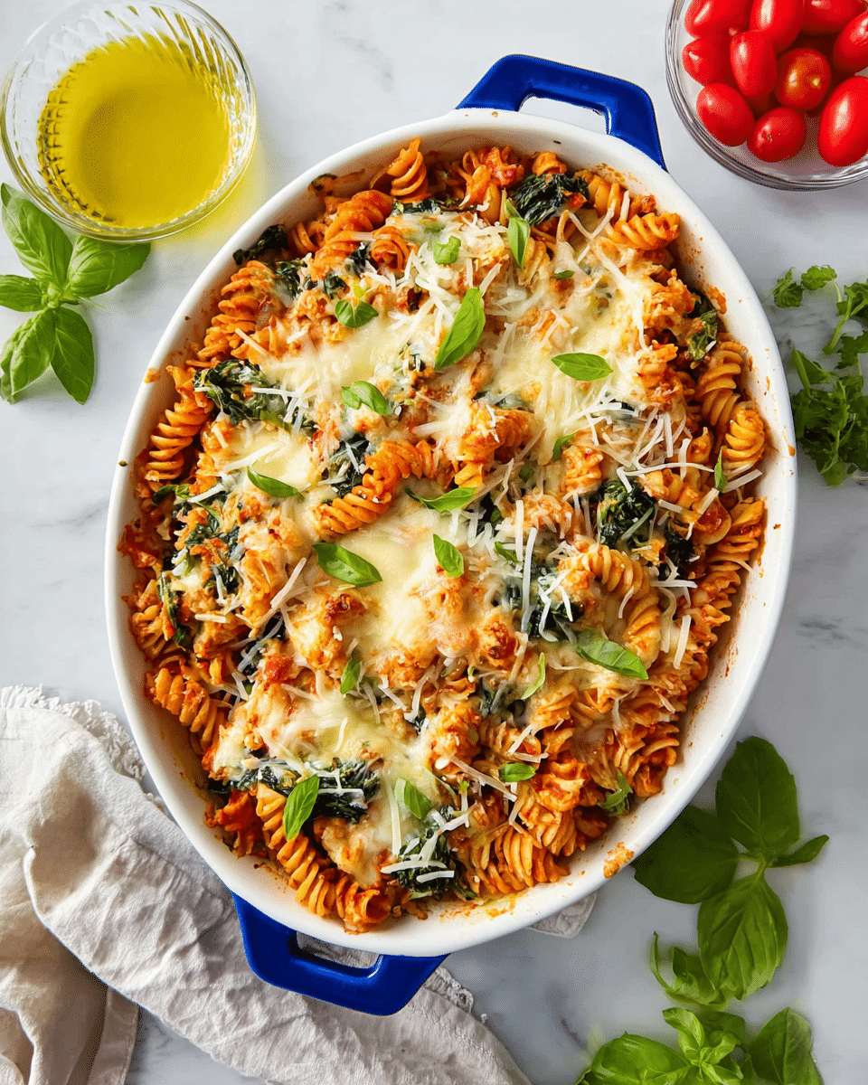 This image shows a white oval baking dish with blue handles filled with baked spiral pasta mixed with green leafy vegetables. The pasta is coated in a red sauce and topped with melted white cheese and sprinkled with shredded cheese and small green basil leaves. The edges of the cheese are lightly browned. The dish sits on a white marbled surface with fresh basil leaves, a small white bowl of olive oil, and a small clear bowl of bright red cherry tomatoes beside it. Photo taken with an iphone --ar 4:5 --v 7