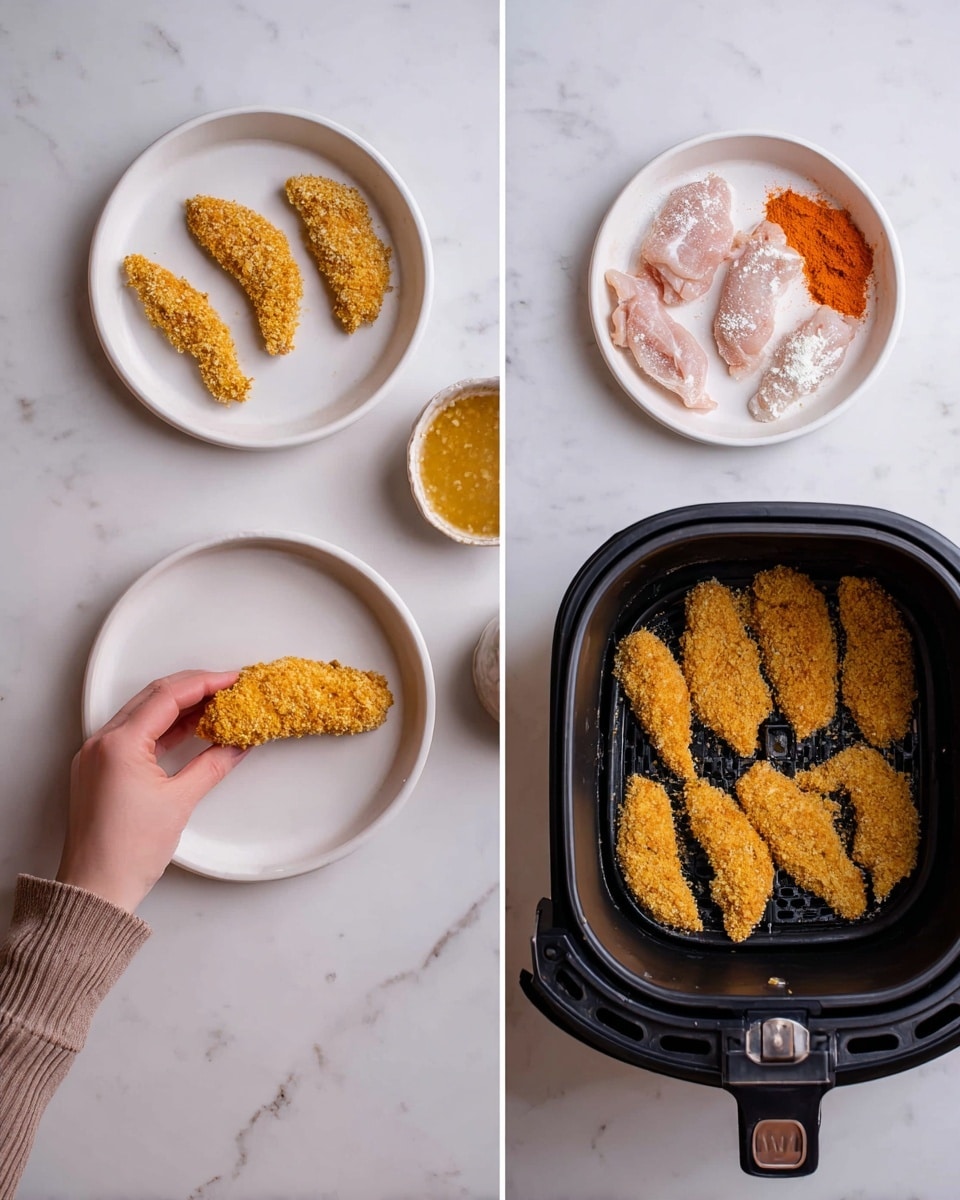 The image shows two parts: on the left, a woman's hand holds a golden, crumb-coated strip of raw chicken over three white plates arranged in a triangle on a white marbled surface; the top right plate has raw chicken pieces dusted with white powder, the bottom plate contains crushed orange crumbs, and the left plate holds a yellowish wet mixture. On the right side, there are eight crumb-coated chicken strips laid out inside a black air fryer basket on the white marbled surface. Photo taken with an iphone --ar 4:5 --v 7