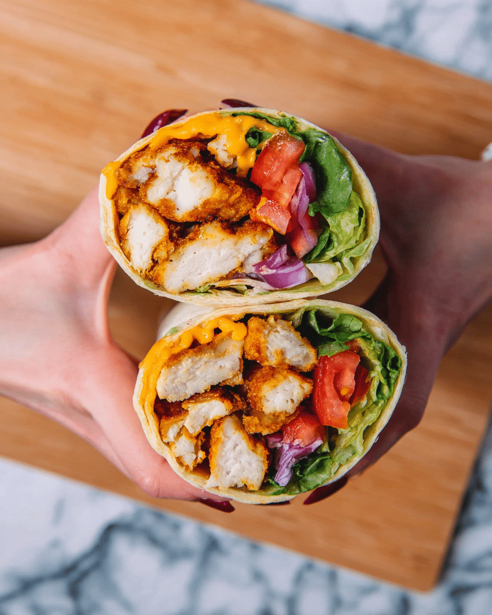 The image shows a wrap cut in half and stacked, with a soft light beige tortilla on the outside. Inside the wrap, layers from the outside toward the middle include bright green leafy lettuce, a thick slice of red tomato with visible seeds, crispy golden brown fried chicken pieces, and a slice of melted yellow cheese. The wrap rests on a wooden surface with a bright blue background behind it. photo taken with an iphone --ar 4:5 --v 7