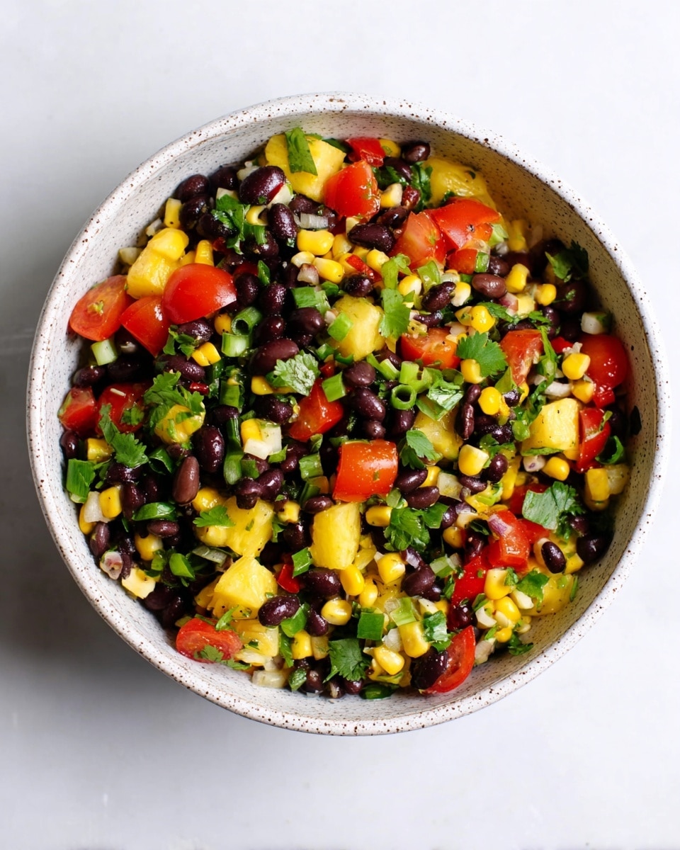 A white speckled bowl filled with a colorful salad that has a mix of small black beans, bright yellow corn kernels, diced yellow pineapple, red cherry tomato pieces, chopped green onions, and green cilantro leaves. The ingredients are evenly mixed, showing a fresh and vibrant texture with a variety of shapes and colors. The bowl is placed on a white marbled textured surface. photo taken with an iphone --ar 4:5 --v 7